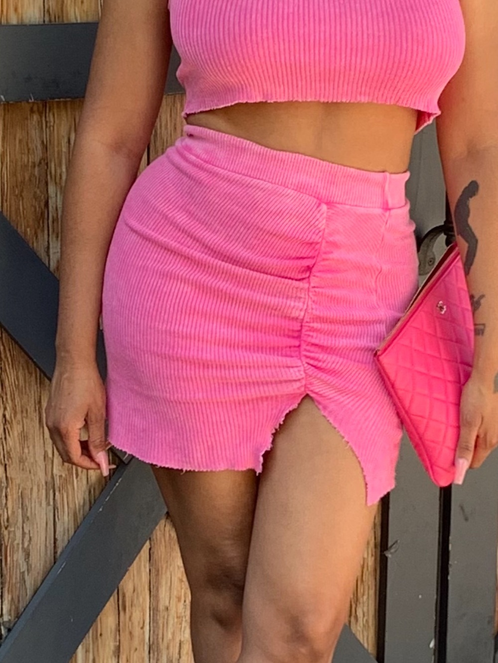 2 piece Pink Ribbed Mini Skirt with Side Ruched Detail